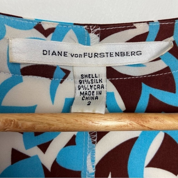 Diane Von Furstenberg silk dress lightweight ecru brown cerulean blue  size  2 - Picture 8 of 14